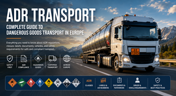 ADR-transportlastbil med farligt gods på en europæisk motorvej med orange fareplader og sikkerhedsmærkning