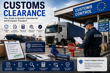 Europæiske toldbehandlingsoperationer med lastbiler, fragtcontainere, grænseinspektioner og international logistik